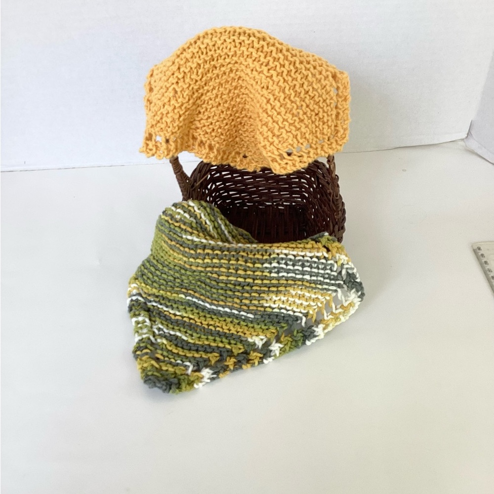 Dishcloth Washcloth Hand Crafted Gold Green Knit Cotton Rustic